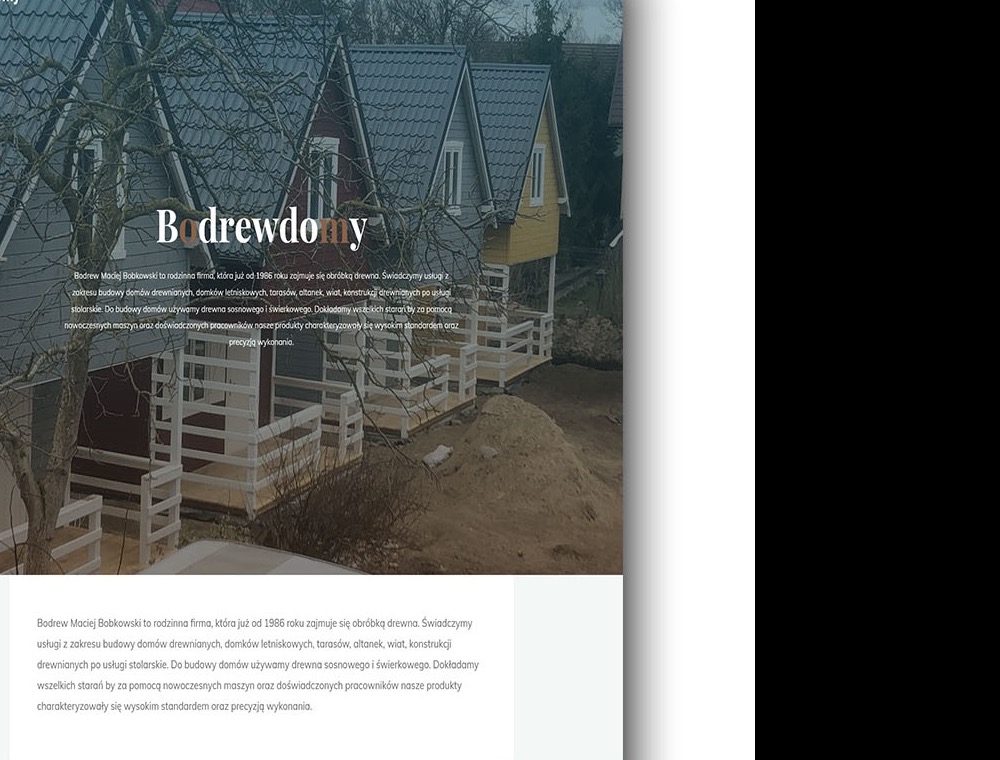 Sekcja z historią marki i treścią na stronie domów drewnianych